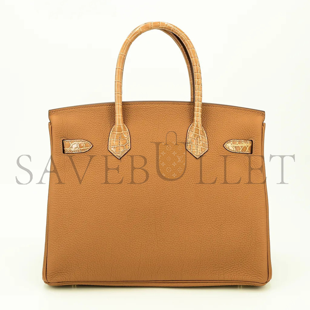 HERMÈS MASTER BIRKIN 25 CROCODILE AND TOGO LEATHER GOLDEN BROWN SILVER BUCKLE H076216CK44 (25*20*13cm)